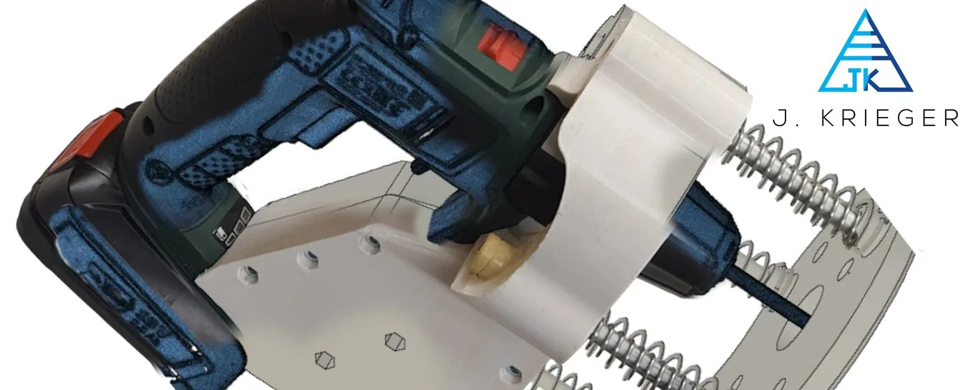 Akkuschrauber in der gedruckten Bohrvorrichtung, übergehend in die CAD-Darstellung